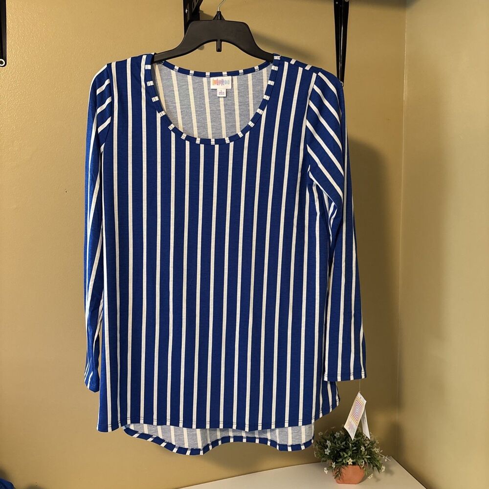 Lularoe Blue Striped Crew Neck L/S Shirt Tunic Hi Low Top Size L -NWT -Chest 38"